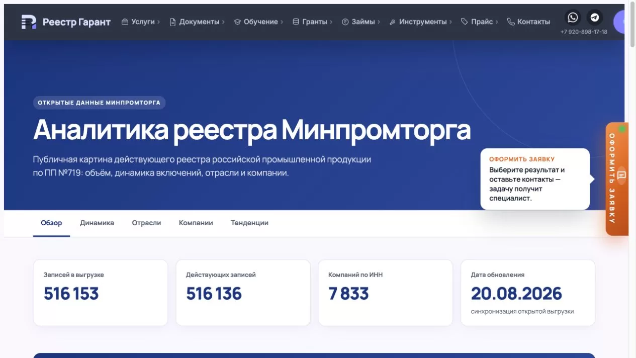 Экран аналитики ГИСП: 516 136 действующих записей и 7 833 компании на 20 августа 2026 года