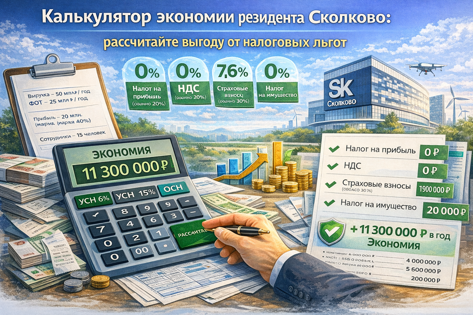 Калькулятор экономии резидента Сколково: рассчитайте выгоду от налоговых льгот