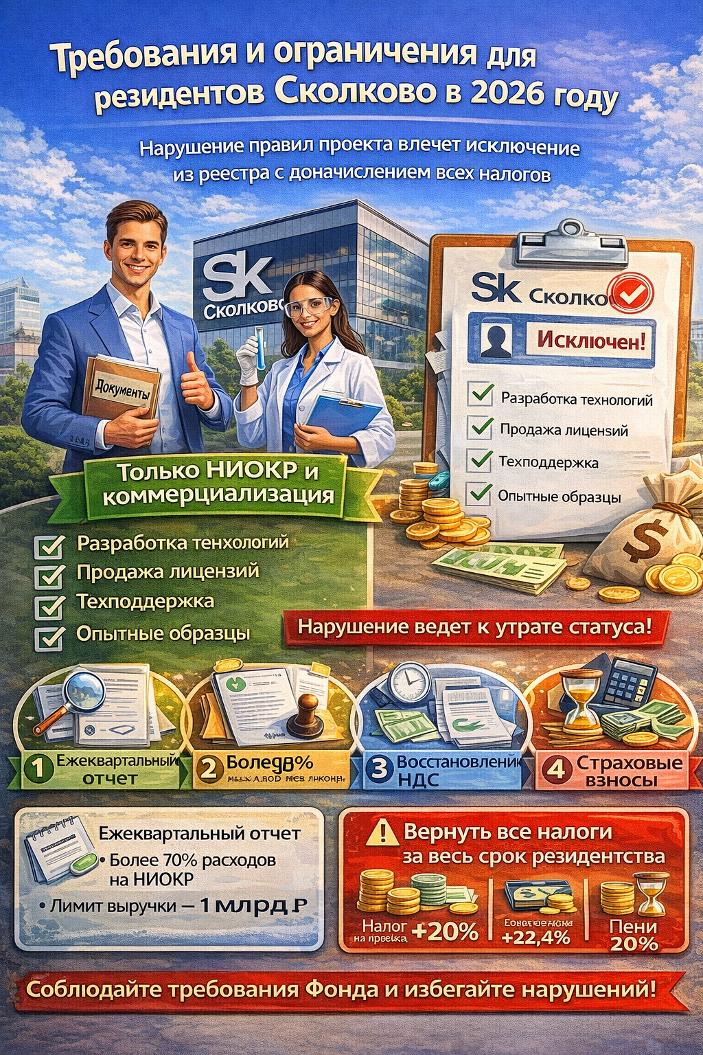 Правила и ограничения Сколково 2026 — лимиты, отчетность и логотип