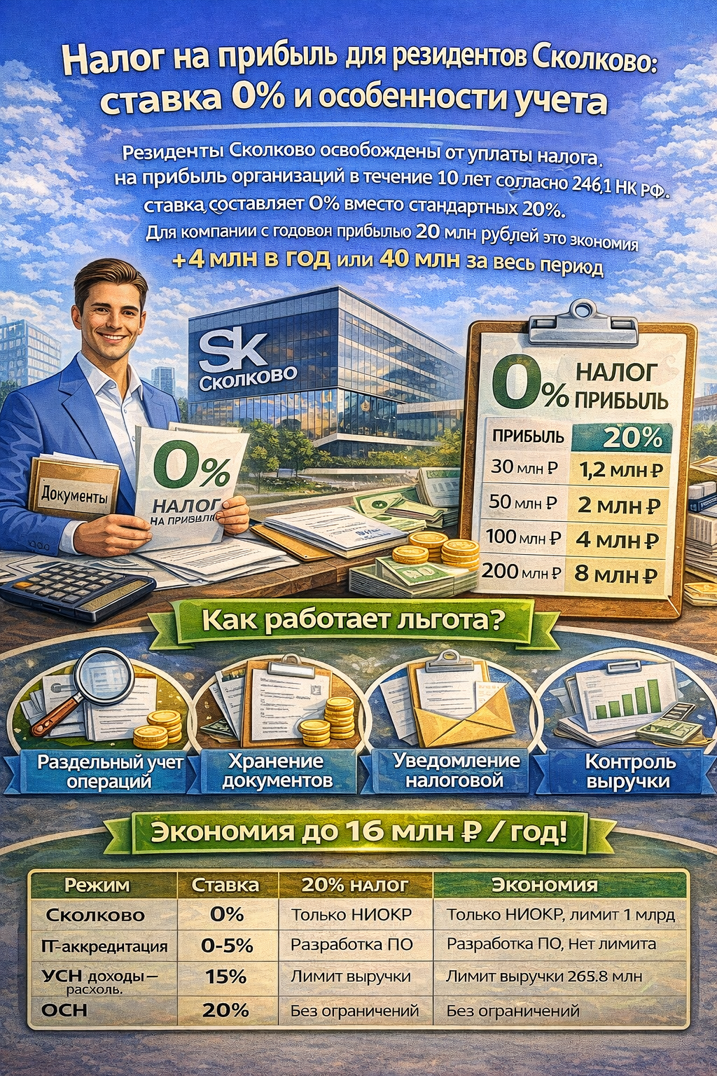 Налог на прибыль для резидентов Сколково: ставка 0%, учет, экономия 2026