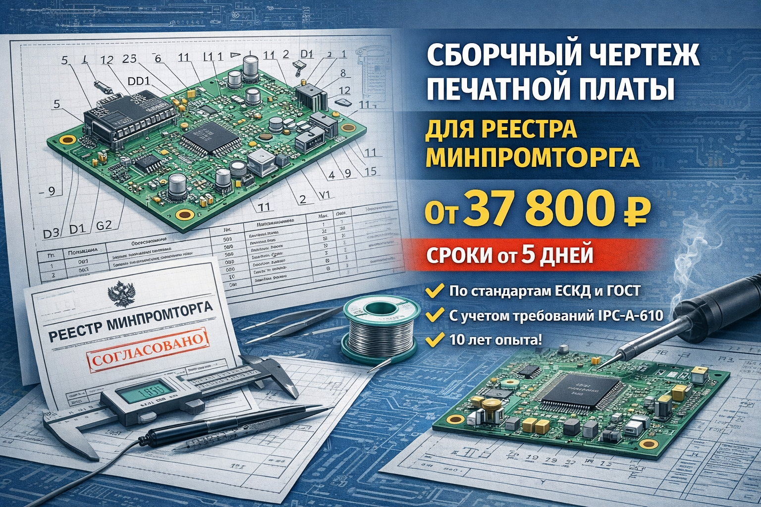 Разработка сборочного чертежа печатной платы по ГОСТ — от 37 800 ₽ | Услуги оформления для реестра Минпромторга