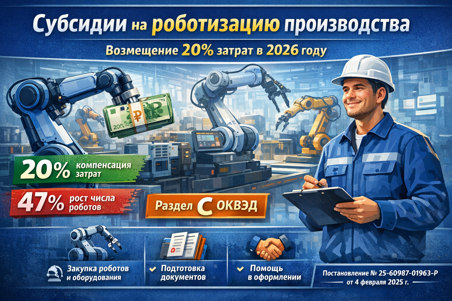 Субсидии на роботизацию производства 2026 — возмещение 20% затрат