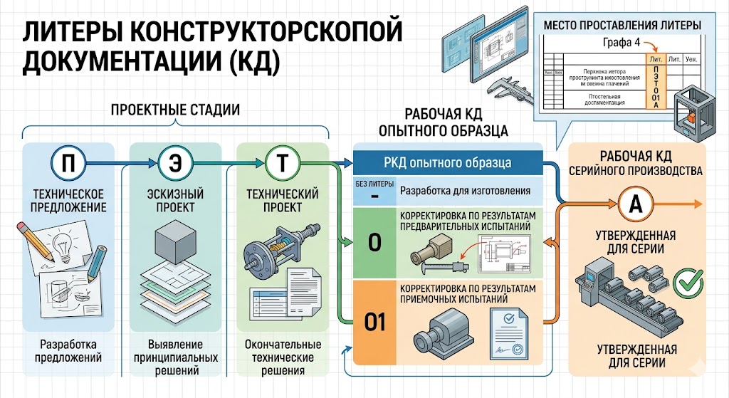 Литеры конструкторской документации (О, О1, А, И): стадии разработки